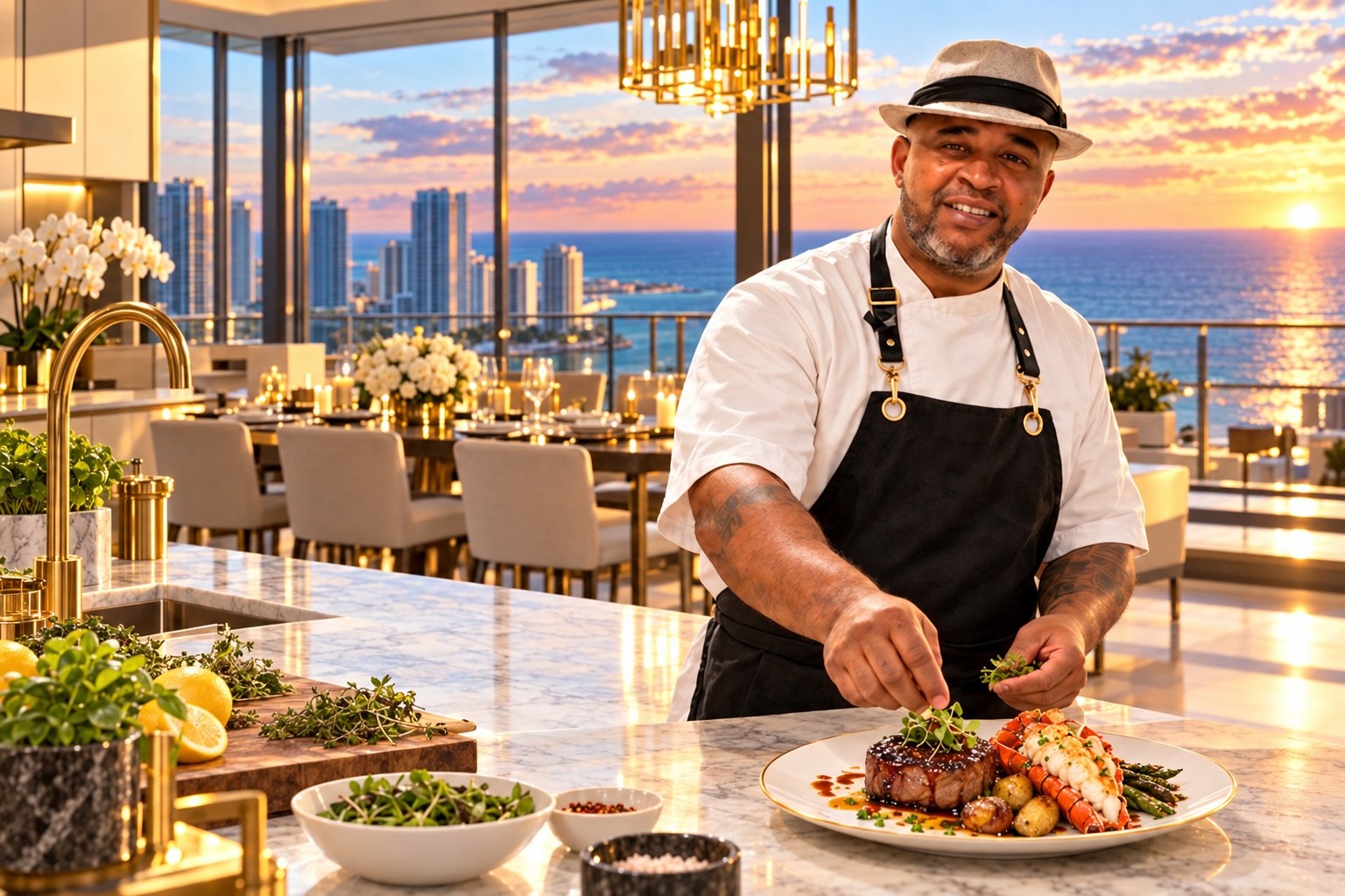 Chef Ali preparing an oceanfront private dining experience