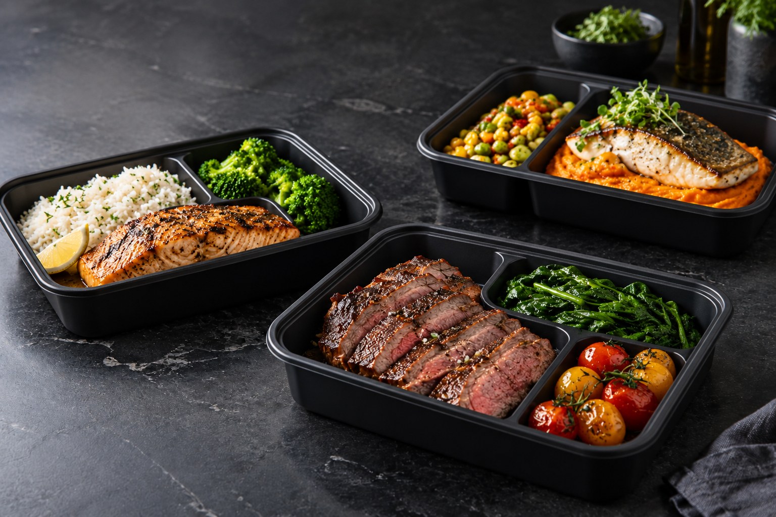 Chef-prepared salmon and steak meals with colorful sides