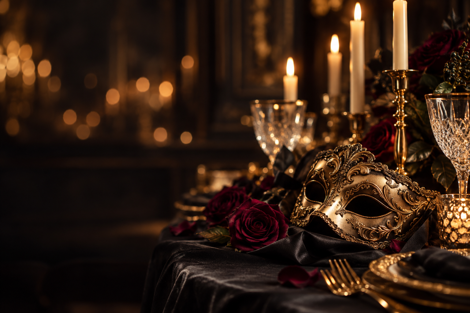 Gold masquerade mask, deep red roses, and crystal glasses on a candlelit dining table